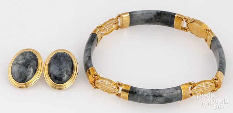 14k Yellow Gold Gray Jade Jewelry Set