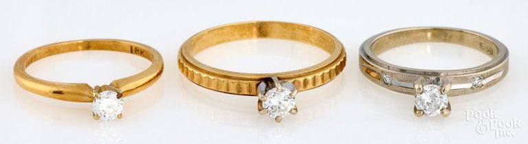 Three 14k and 18k Gold Diamond Rings