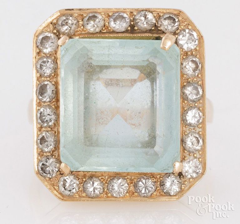 14k Yellow Gold Aquamarine and Diamond Ring