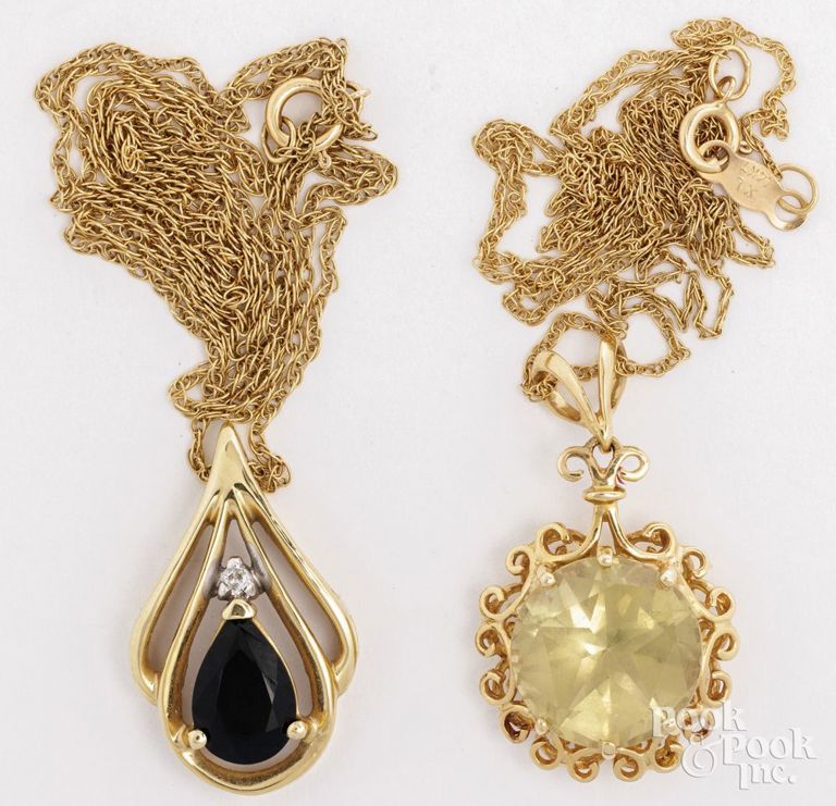 Two 14k Yellow Gold Gemstone Pendant Necklaces