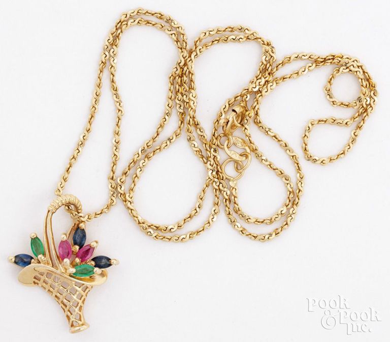 14k Gold Gemstone Flower Basket Pendant Necklace