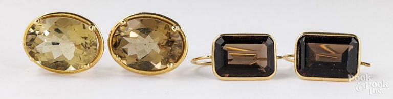 Two Pairs of 14k Yellow Gold Quartz Earrings
