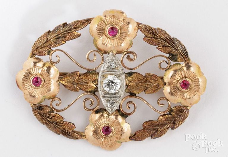 14k Rose Gold Diamond and Synthetic Ruby Brooch