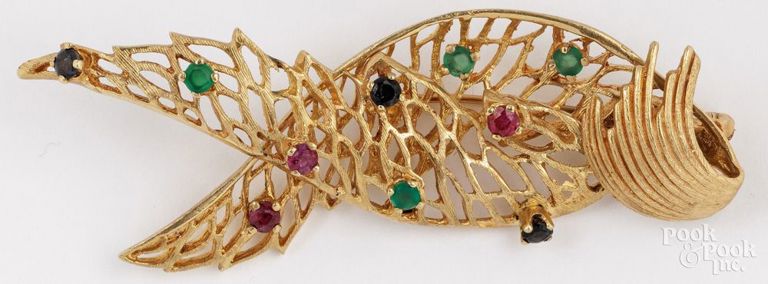 14k Yellow Gold Ruby, Emerald and Sapphire Brooch