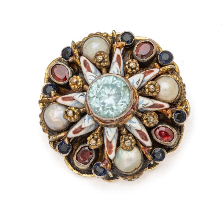 Silver Zircon, Pearl and Garnet Brooch