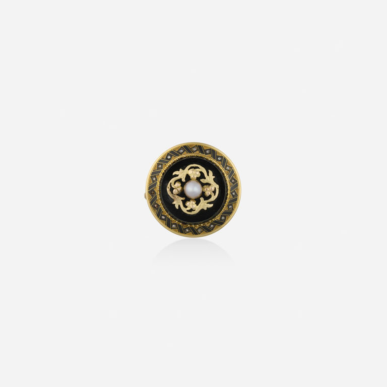 Gold Onyx, Pearl and Diamond Brooch
