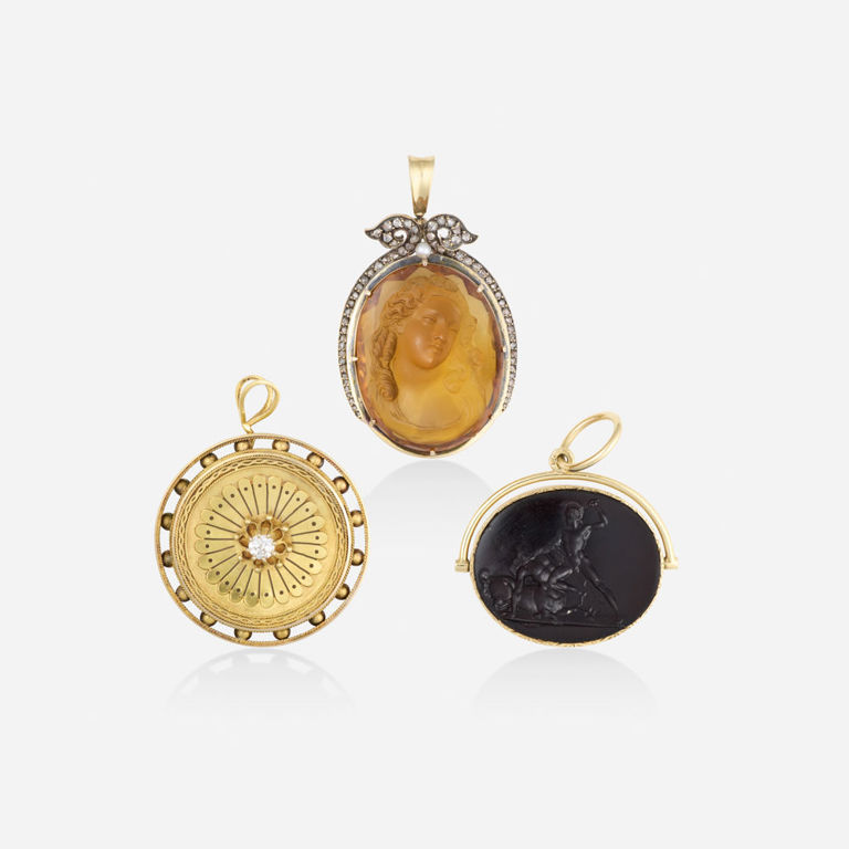Gold Diamond, Citrine and Glass Pendants
