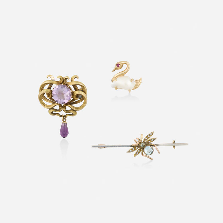 Gold Aquamarine, Pearl and Ruby Brooches