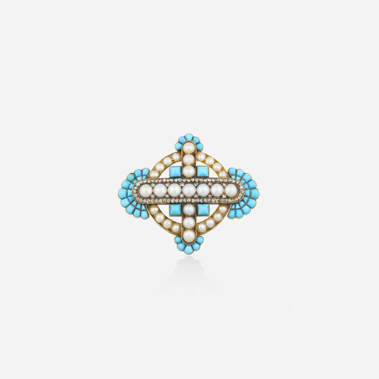 Gold Turquoise, Pearl and Diamond Brooch