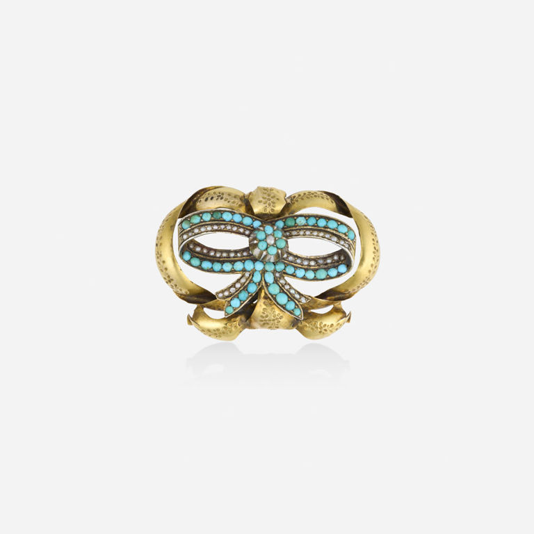 Gold and Silver Turquoise Pearl Brooch