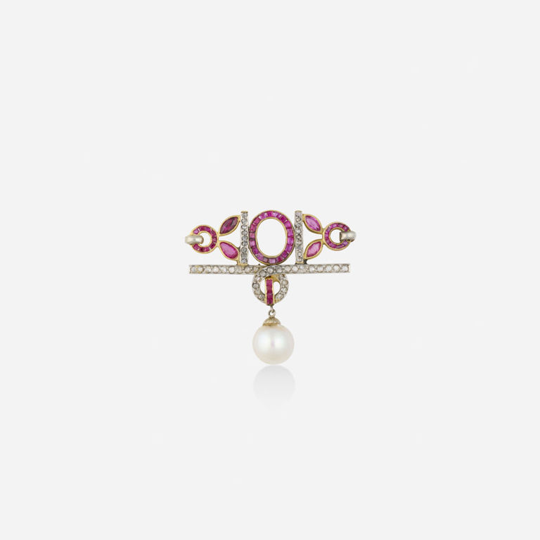 Gold and Platinum Pearl Ruby Brooch