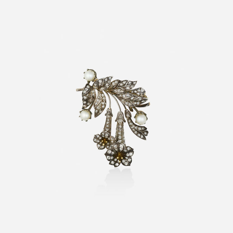 Gold and Silver Pearl Diamond Brooch