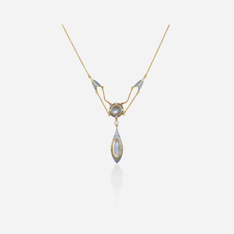 Gold Moonstone and Pearl Pendant Necklace