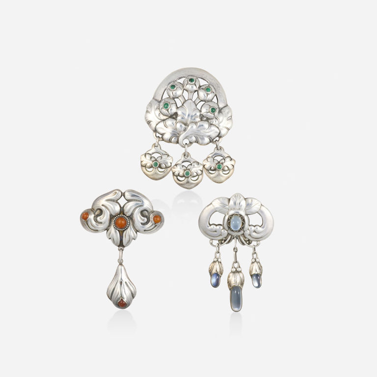 Three Silver Multi-Gem Brooches