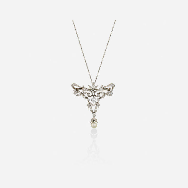 Gold and Platinum Pearl Pendant/Brooch Necklace