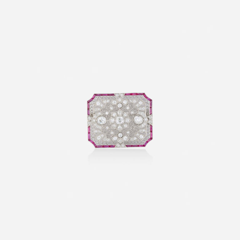 Platinum Synthetic Ruby Pendant Brooch
