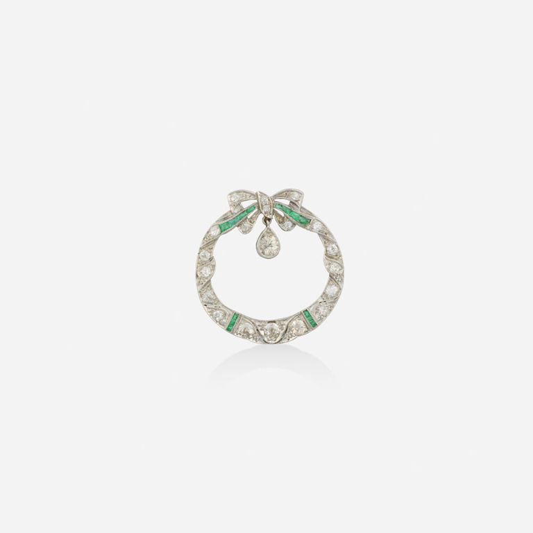 Platinum Diamond and Emerald Brooch