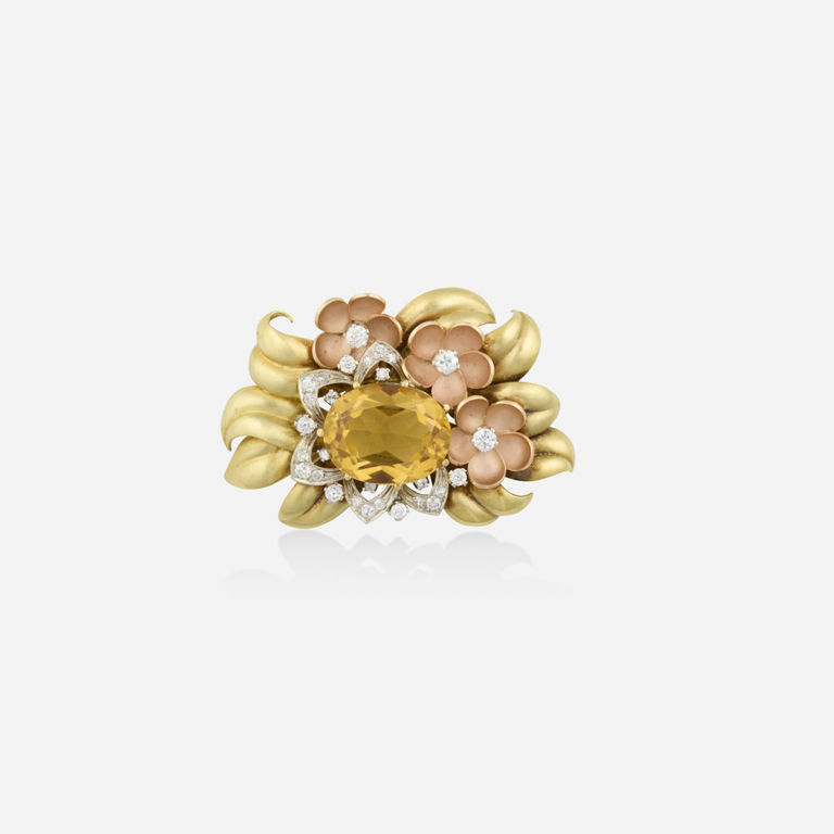 18k Gold Citrine and Diamond Brooch