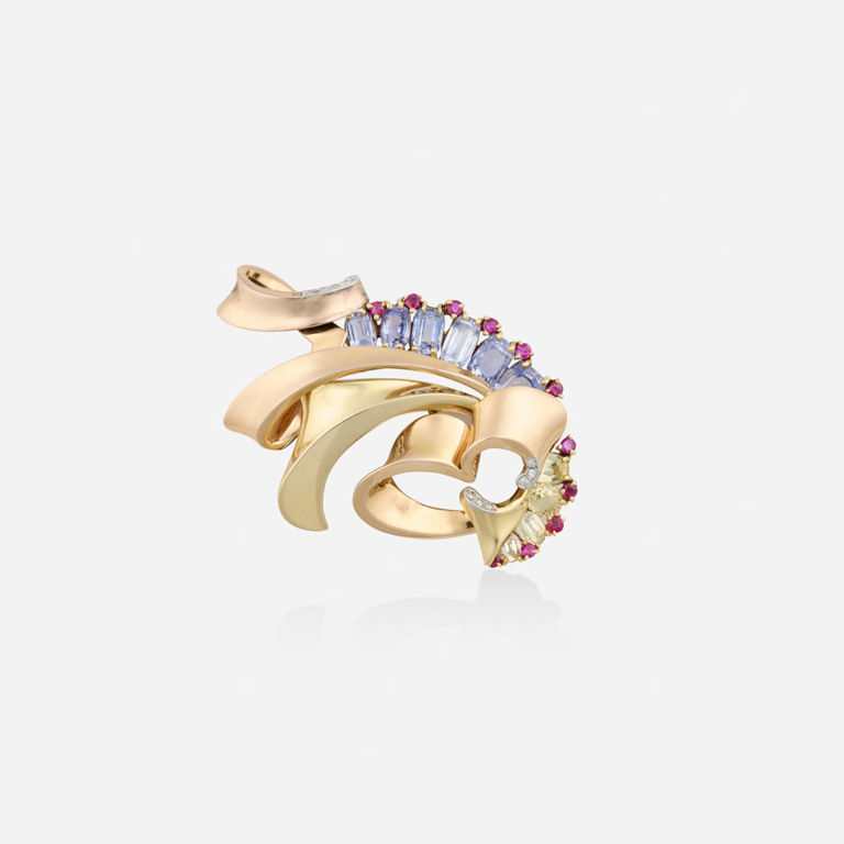 Gold Multi-Gem Diamond Brooch