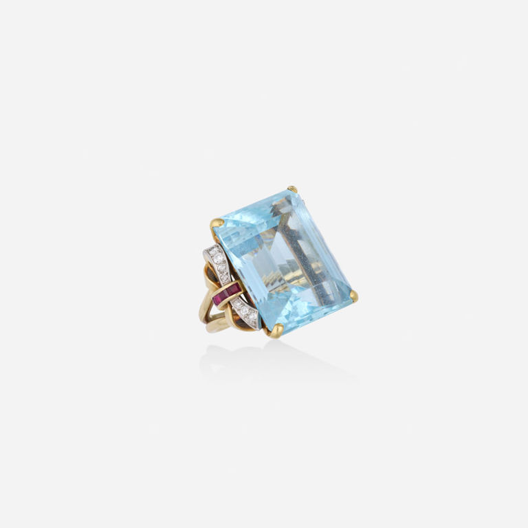 Gold Aquamarine, Ruby and Diamond Ring