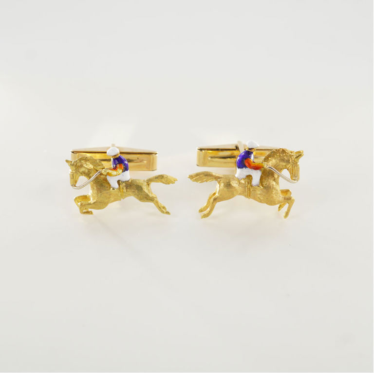 14k Yellow Gold Enamel Horse and Jockey Cufflinks