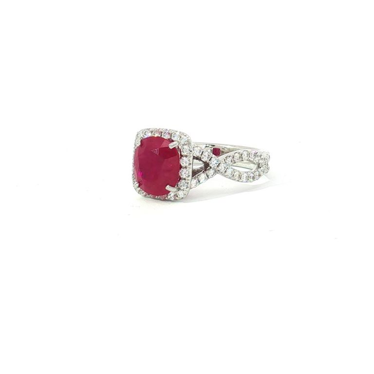 18k White Gold Ruby and Diamond Halo Ring