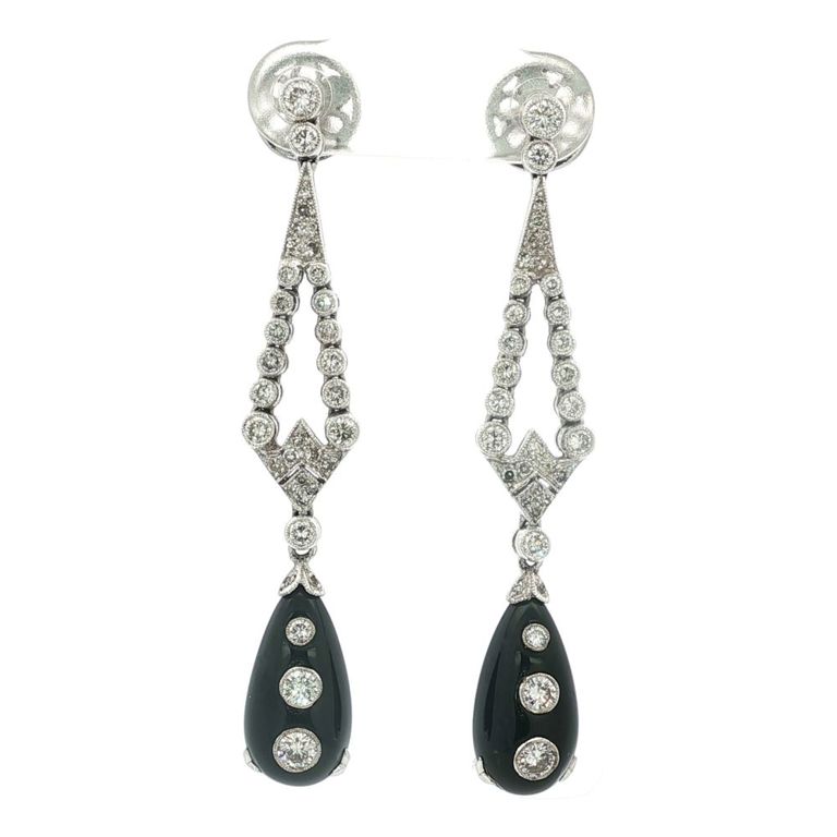 15k White Gold Diamond and Onyx Drop Earrings