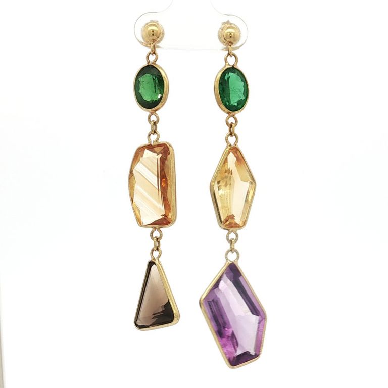 18k Yellow Gold Multi-Gem Dangle Earrings