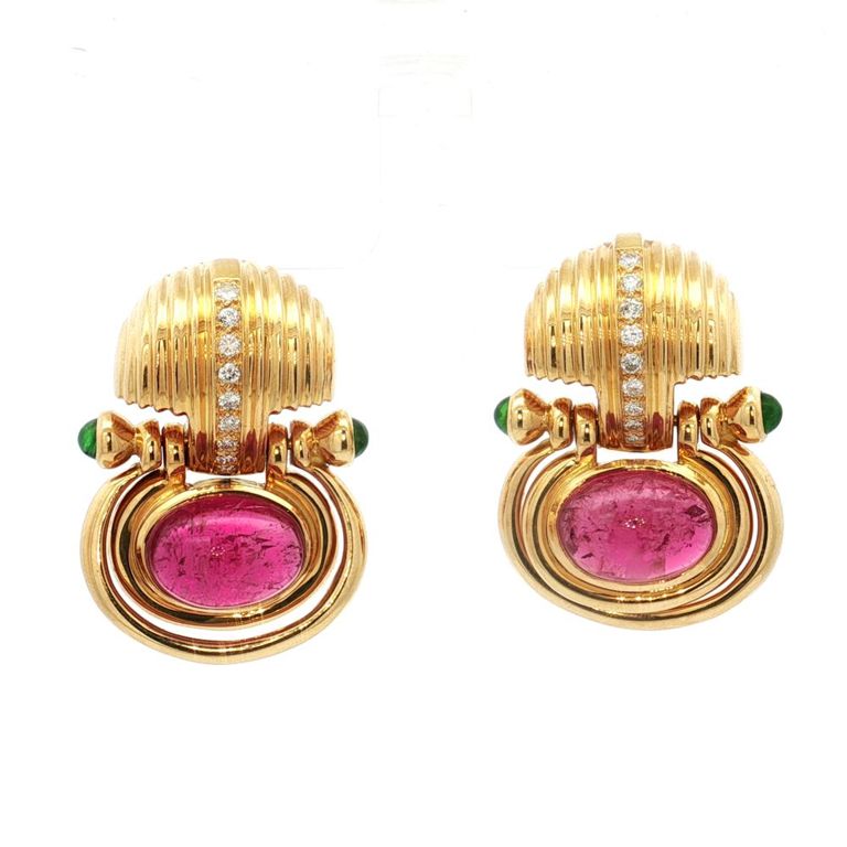 18k Gold Diamond, Emerald and Tourmaline Earrings