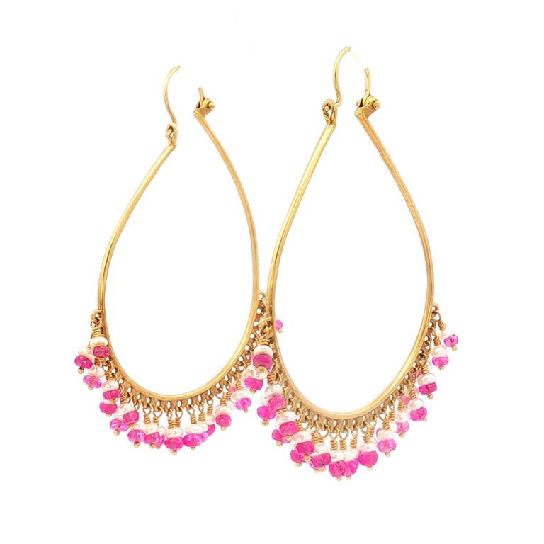 18k Yellow Gold Ruby and Pearl Hoop Earrings