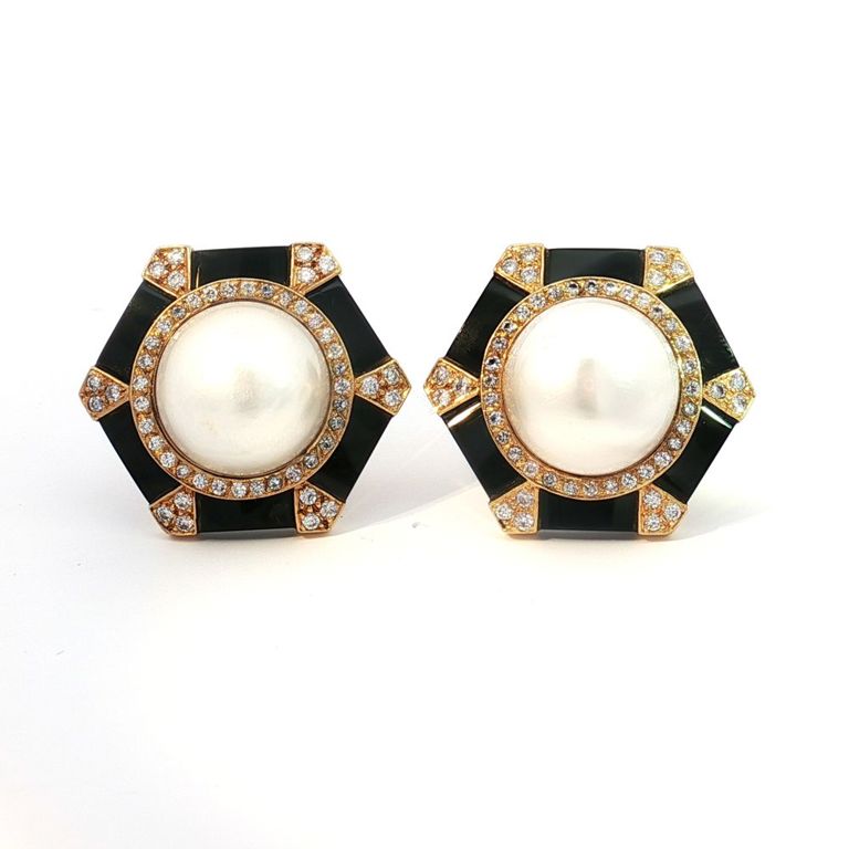 18k Yellow Gold Onyx, Pearl and Diamond Earrings