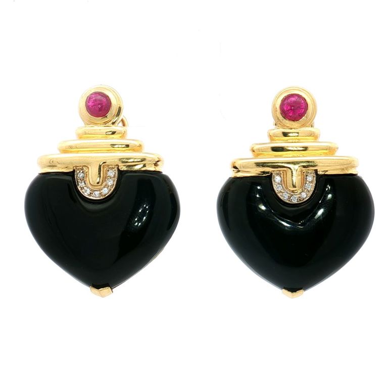 18k Gold Diamond, Ruby and Onyx Dangle Earrings