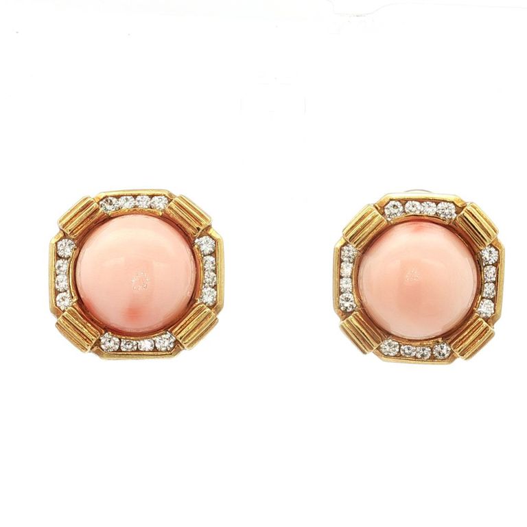 18k Yellow Gold Coral and Diamond Earrings