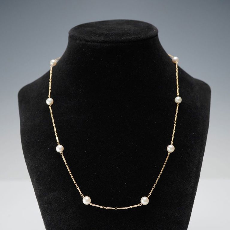 14k Yellow Gold Pearl Station Chain Necklace