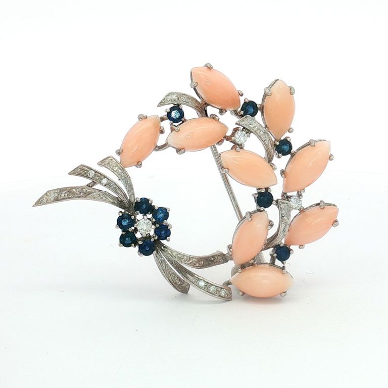 18k White Gold Coral, Diamond and Sapphire Brooch