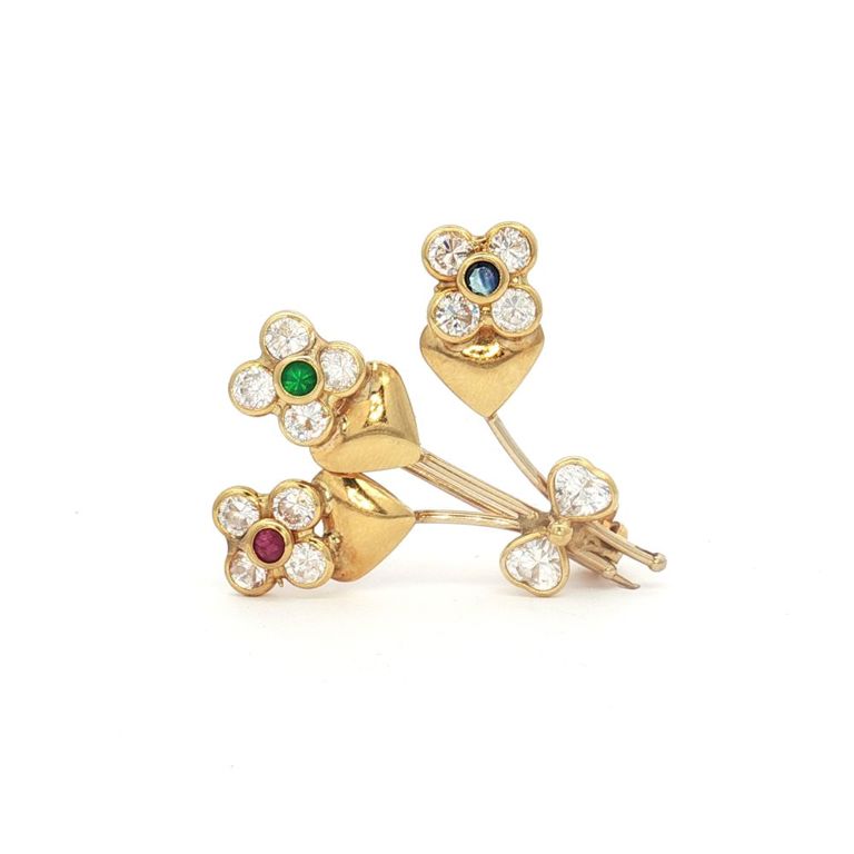18k Yellow Gold Multi-Gem Flower Bouquet Brooch