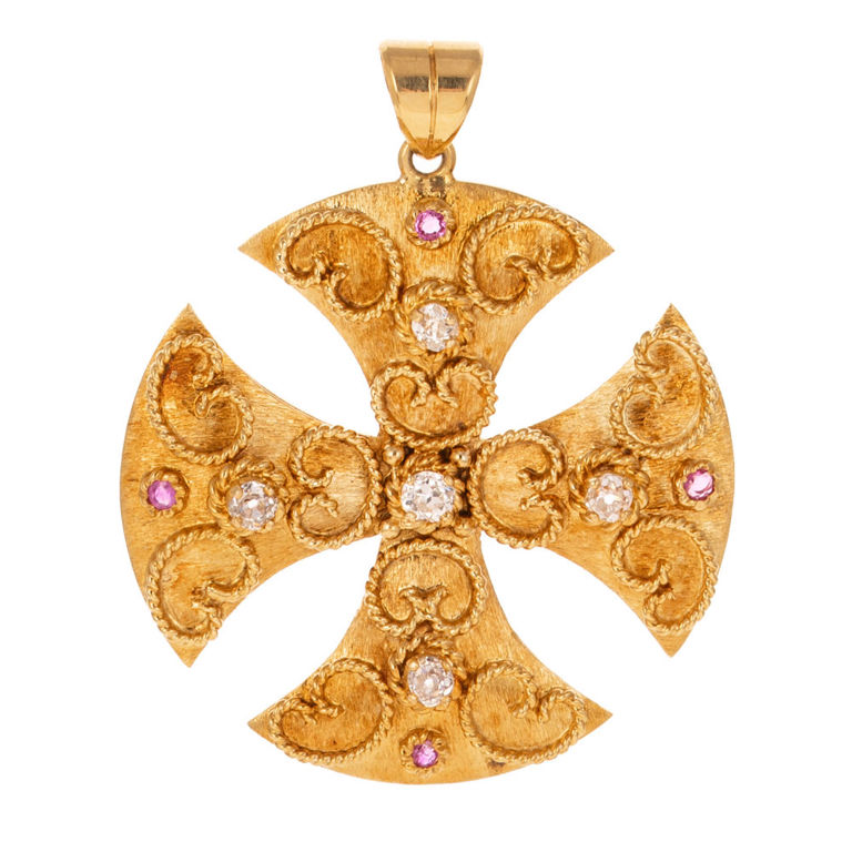 Gold Diamond and Sapphire Maltese Cross Pendant