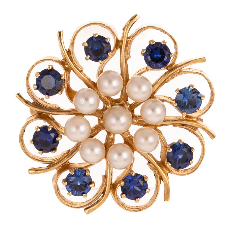 14k Yellow Gold Pearl and Sapphire Pinwheel Brooch