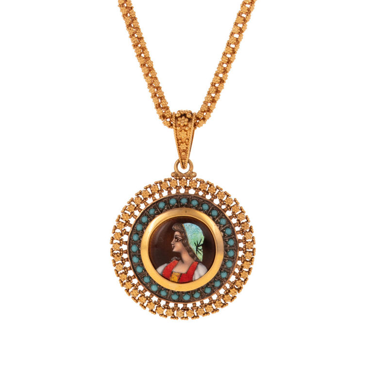 18k Gold Enamel and Turquoise Pendant Necklace