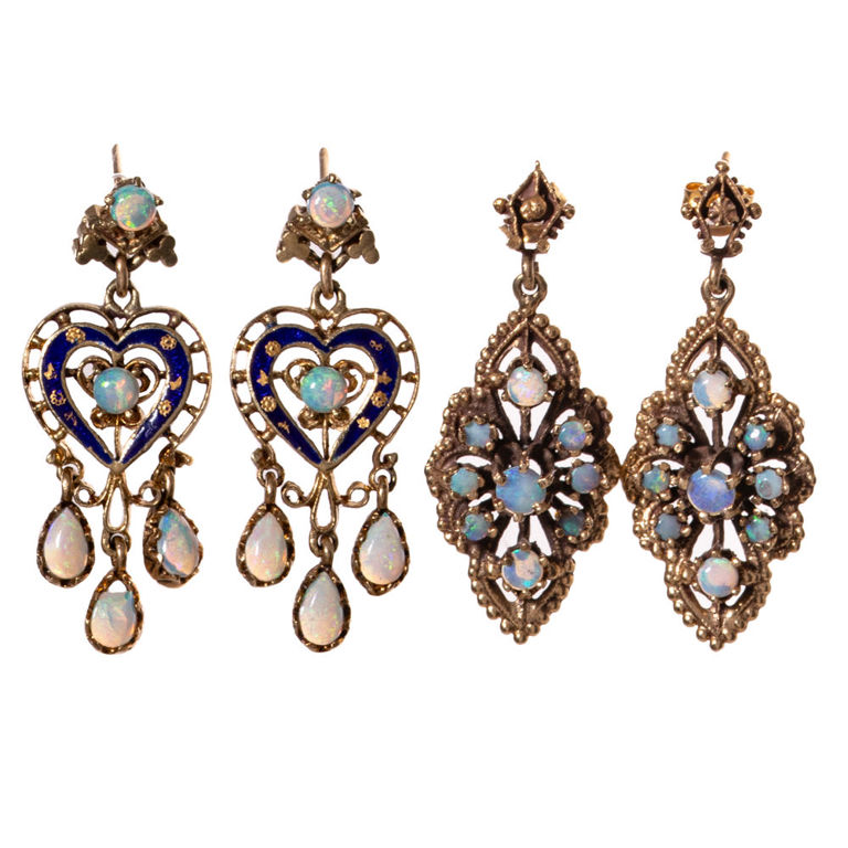 Two Pairs of 14k Yellow Gold Opal Dangle Earrings