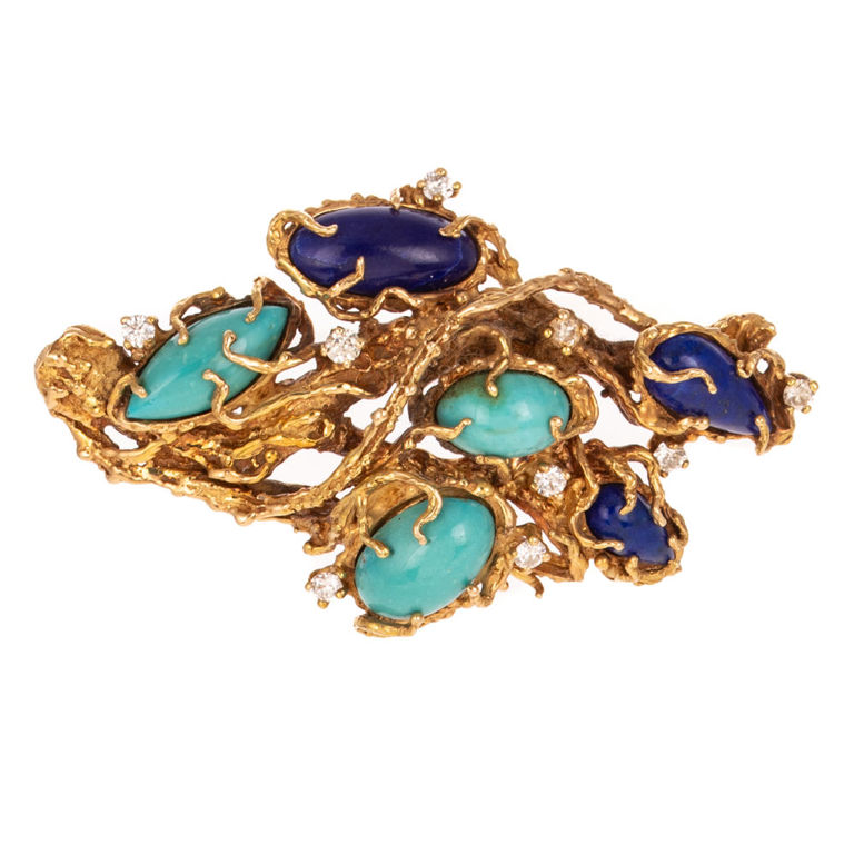 14k Gold Turquoise, Lapis and Diamond Brooch