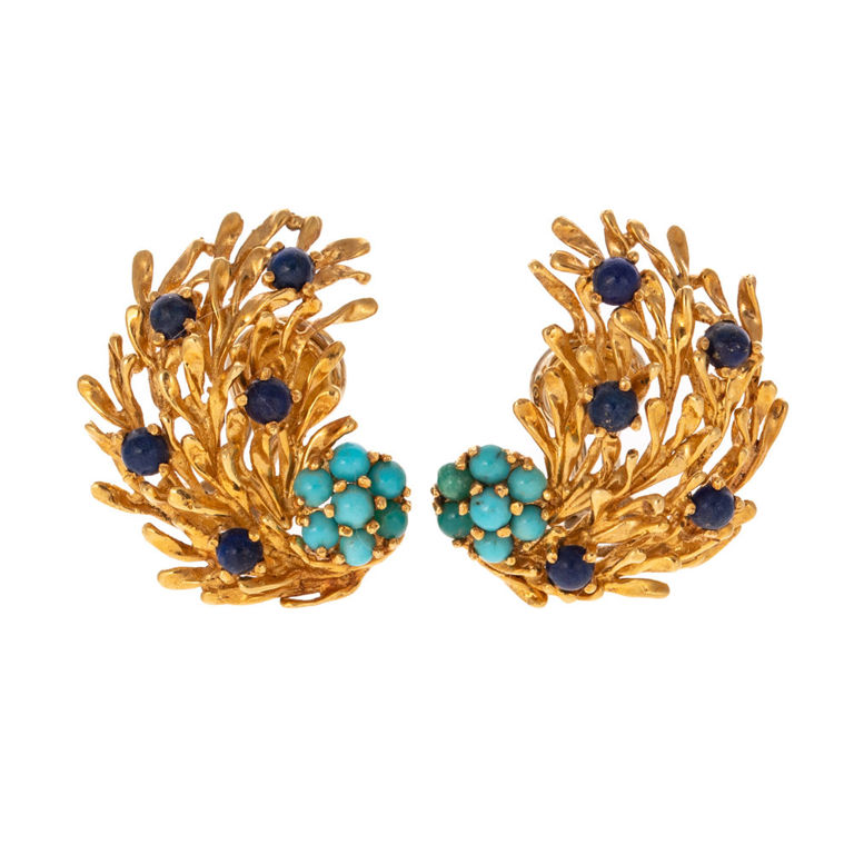 18k Yellow Gold Turquoise and Lapis Earrings