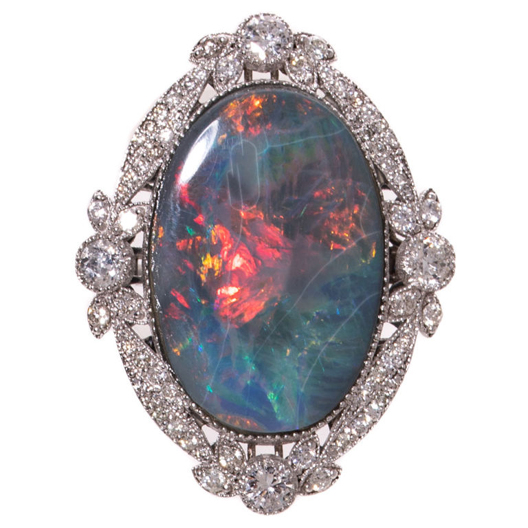 Platinum Black Opal, Diamond and Sapphire Ring