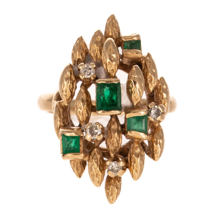 14k Yellow Gold Emerald and Diamond Ring