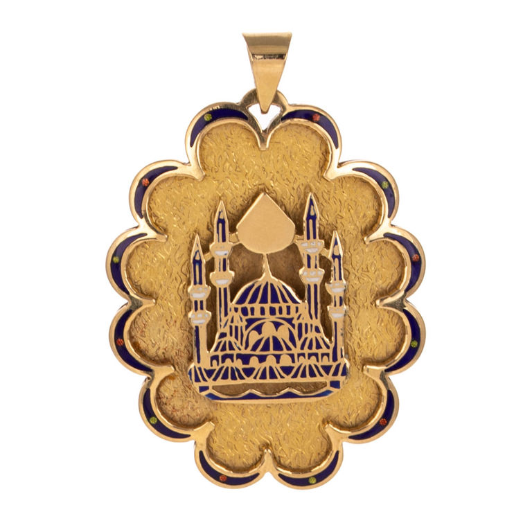 14k Yellow Gold and Enamel Turkish Mosque Pendant