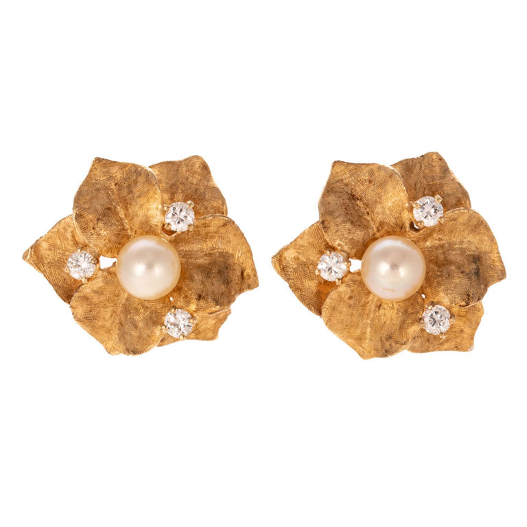 14k Yellow Gold Pearl and Diamond Floral Earrings