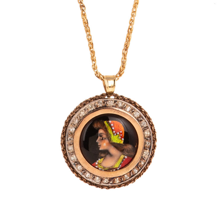 Yellow Gold Enamel and Diamond Pendant Necklace