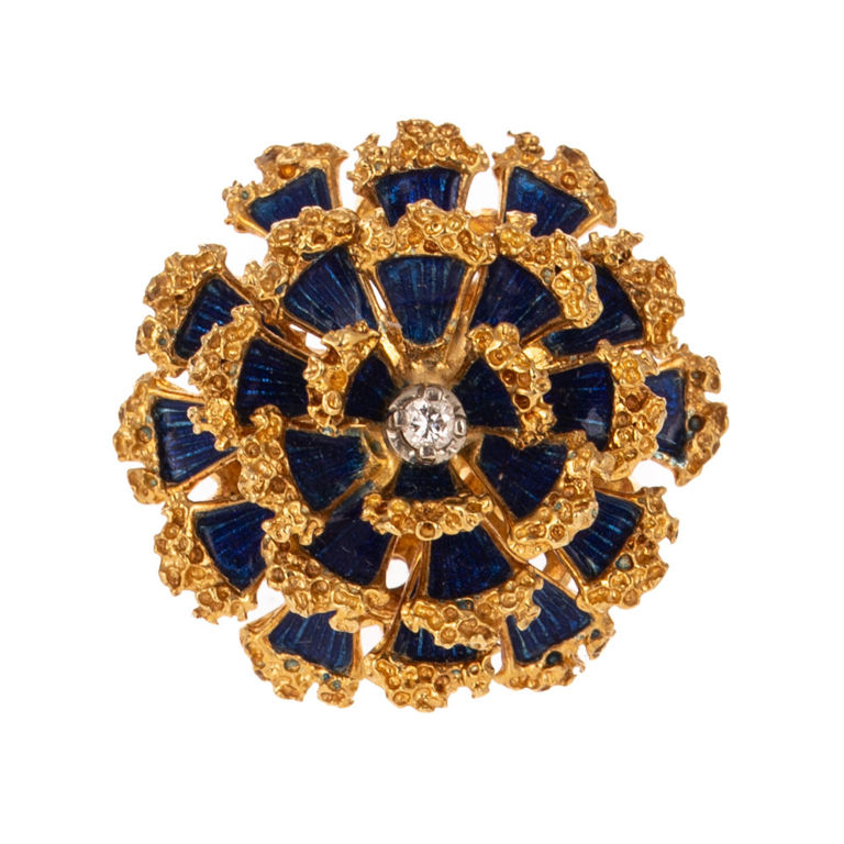 18k Gold Enamel and Diamond Flower Cocktail Ring