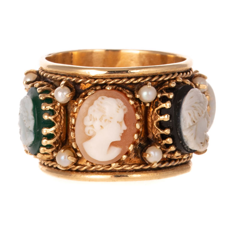 14k Yellow Gold Hardstone Cameo and Pearl Ring