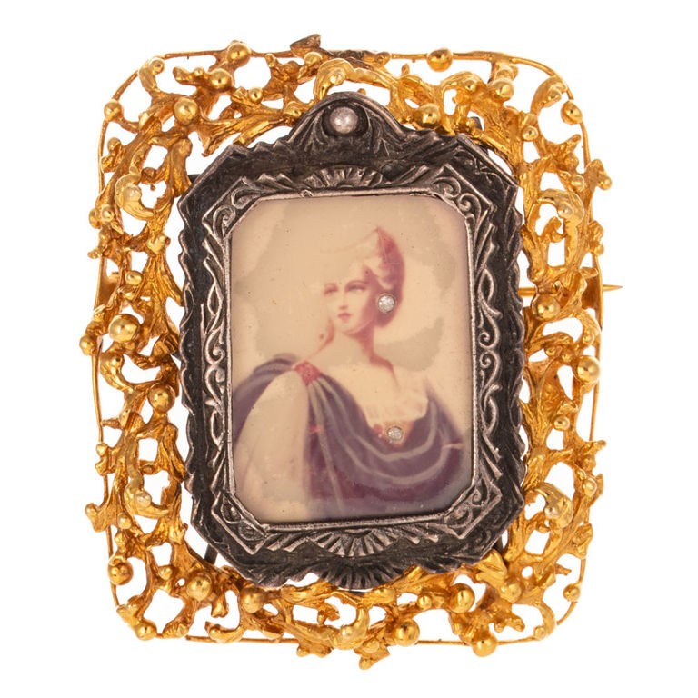 14k Gold and Silver Diamond Portrait Brooch
